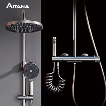 Sistema doccia grigio pistola in ottone di lusso con design semplice, rubinetto del bagno con uscita dell'acqua in stile cascata a doppio controllo freddo e caldo 1