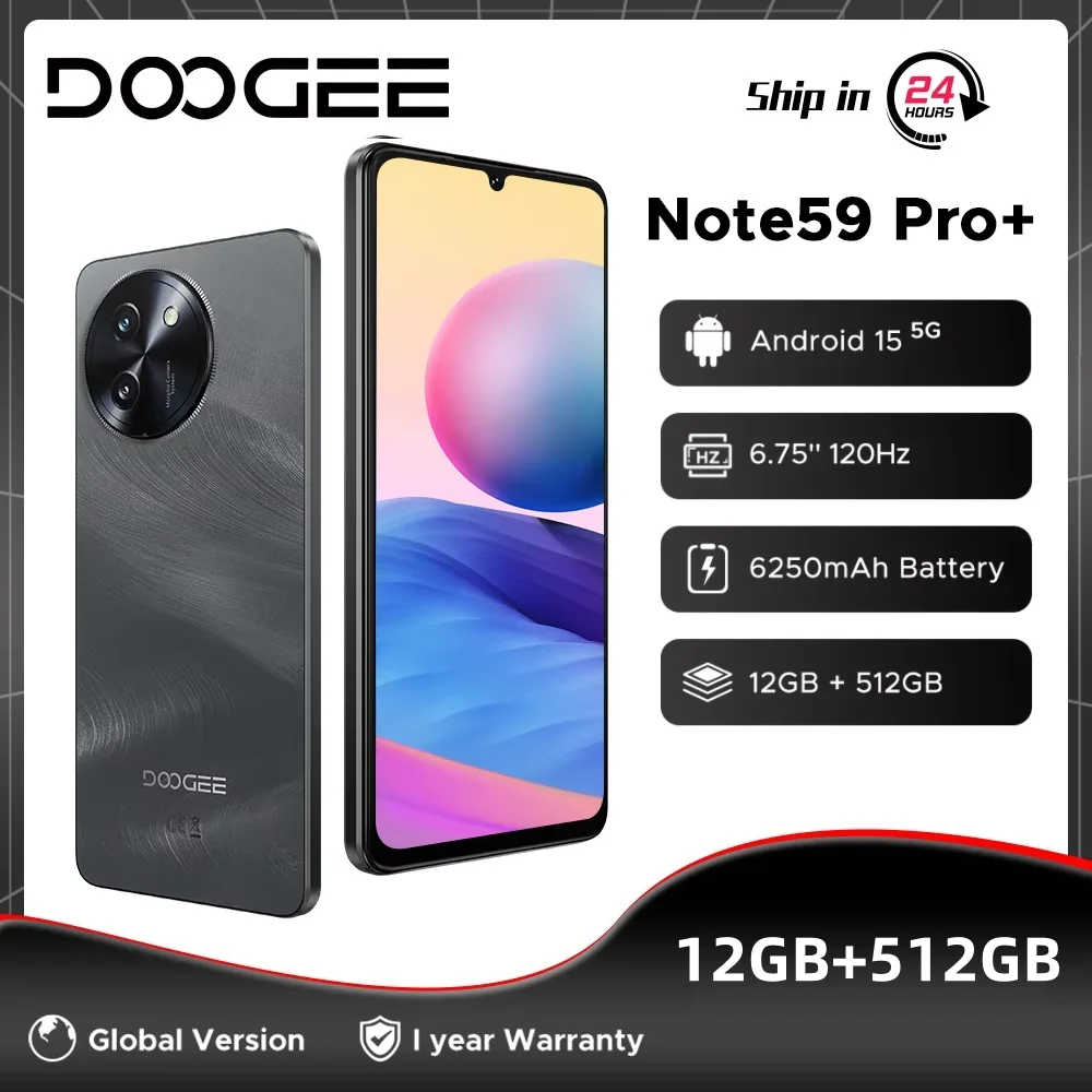 Global Version DOOGEE Note59 Pro+ 5G Smartphone 6.75" HD+ 120Hz 12GB 512GB UNISOC T8200 50MP Camera 6250mAh Battery Android 15