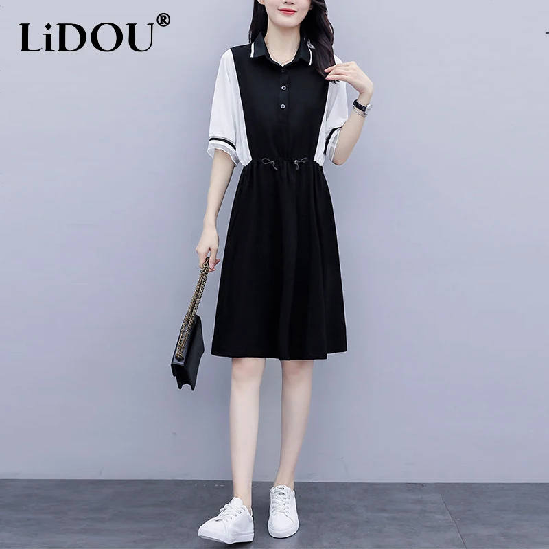 

Summer New Korean Fashion Polo-neck Patchwork Midi Dress Ladies Short Sleeve Drawstring Waist Casual Robe Female Elegant Vestido