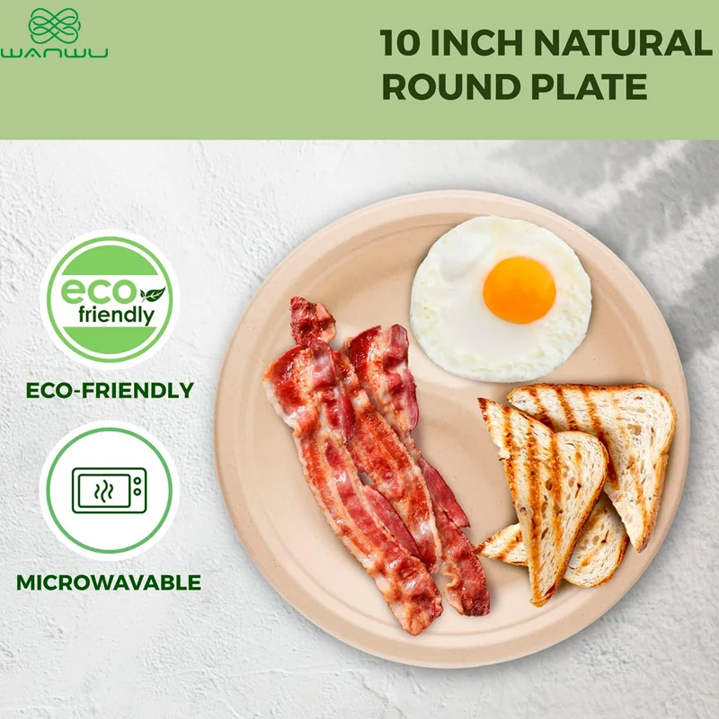 50 pcs 10 inch disposable paper plates, round with 3 compartments, made of eco-friendly plant fiber