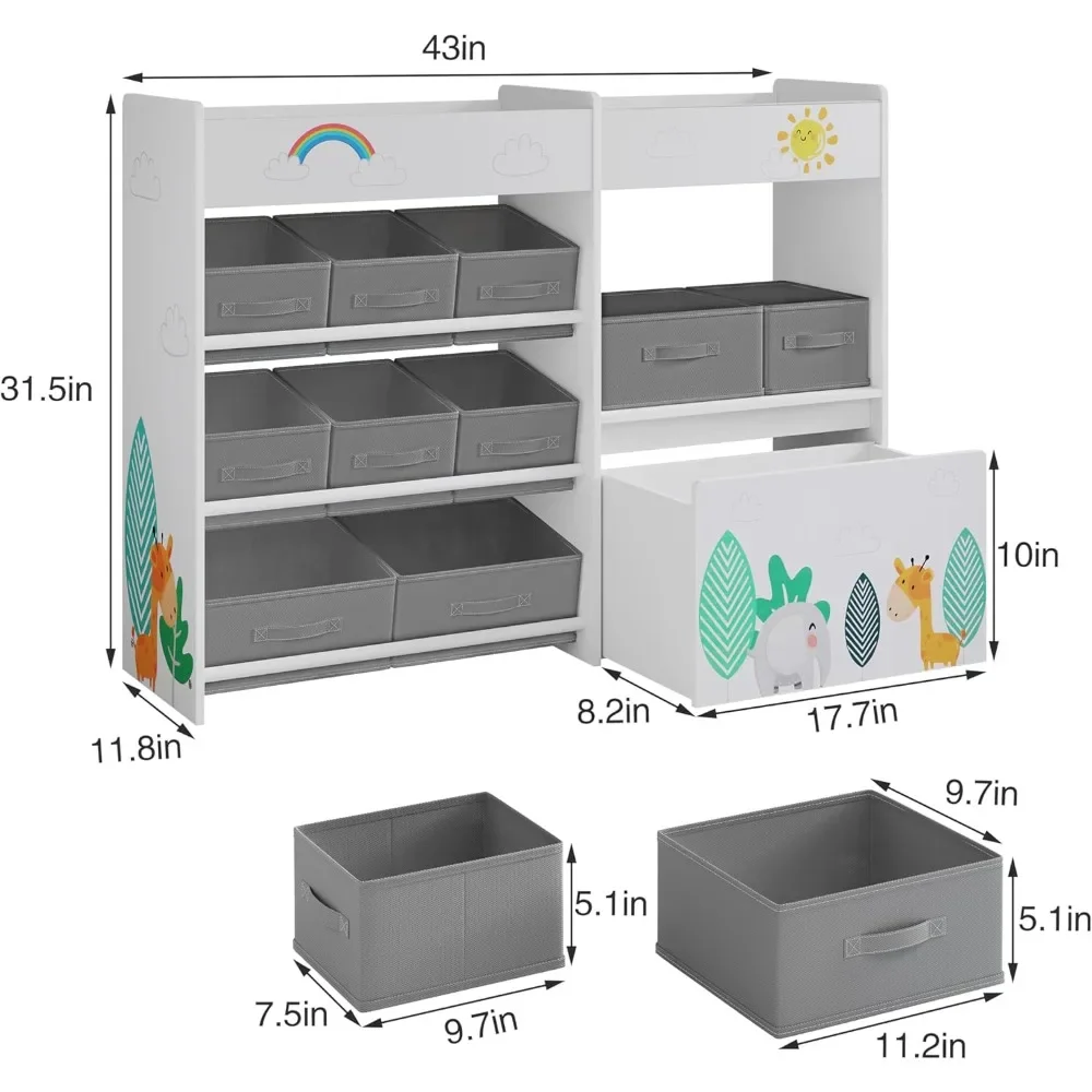 Toy Storage Organizer, Toys Bookshelf with 10 Fabric Bins and Movable Toy Chest, Toys Storage Cabinet for Playroom, Nursery 2