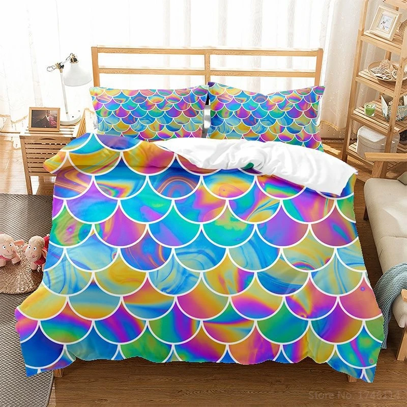 

3D Colorful Fish Scale Bedding Set Beautiful Mermaid Scale Duvet Cover with Pillowcase Set Home Textile for Kids Adults Bedroom