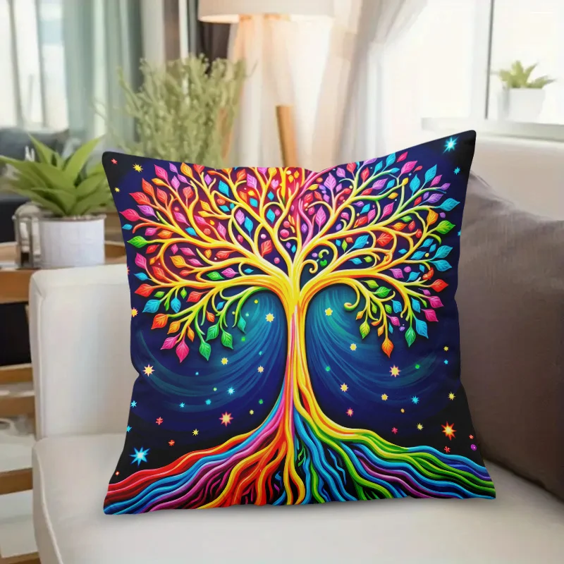 Colorful Tree of Life Pillow Cover 2D Printed Polyester Sofa Cushion Case for Home, Beach & Camping Decor