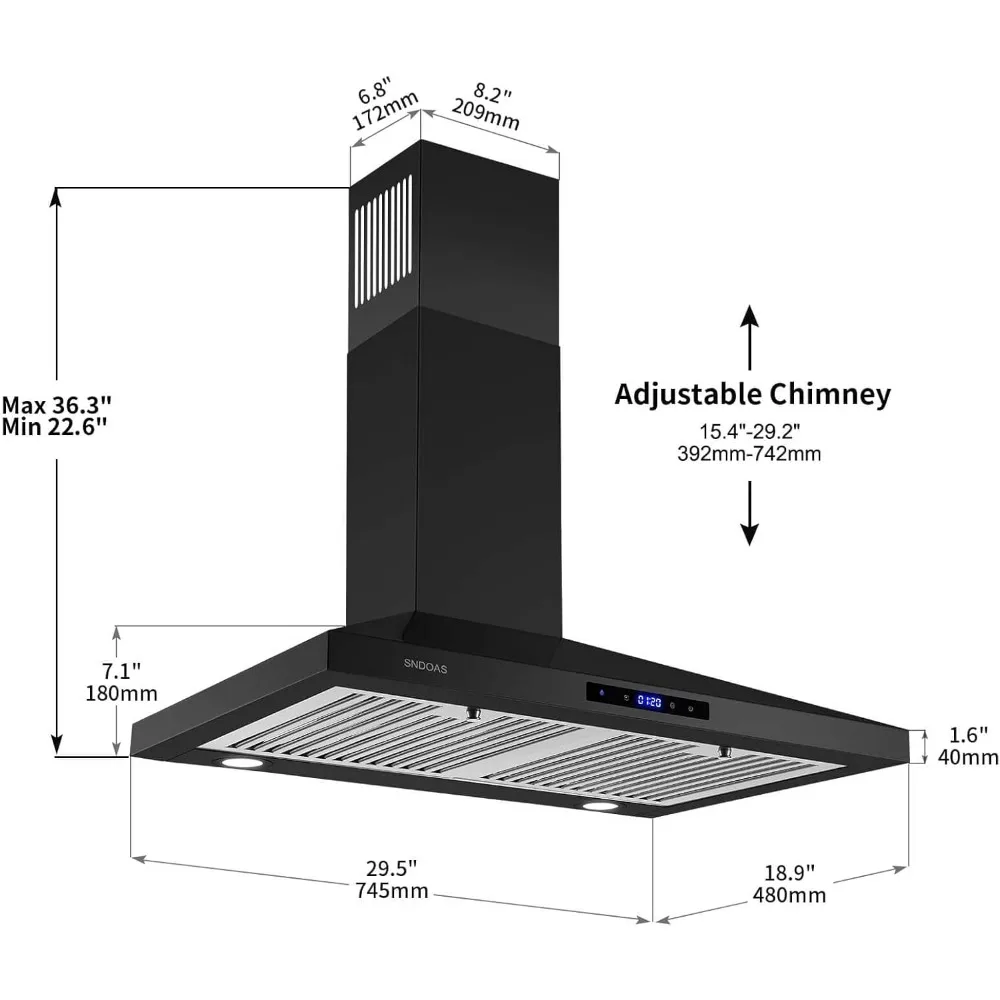 Range Hood Black,Wall Mounted Range Hood 30 inches,Black Kitchen Hoods with Touch Controls,Stainless Steel Range Hood 6