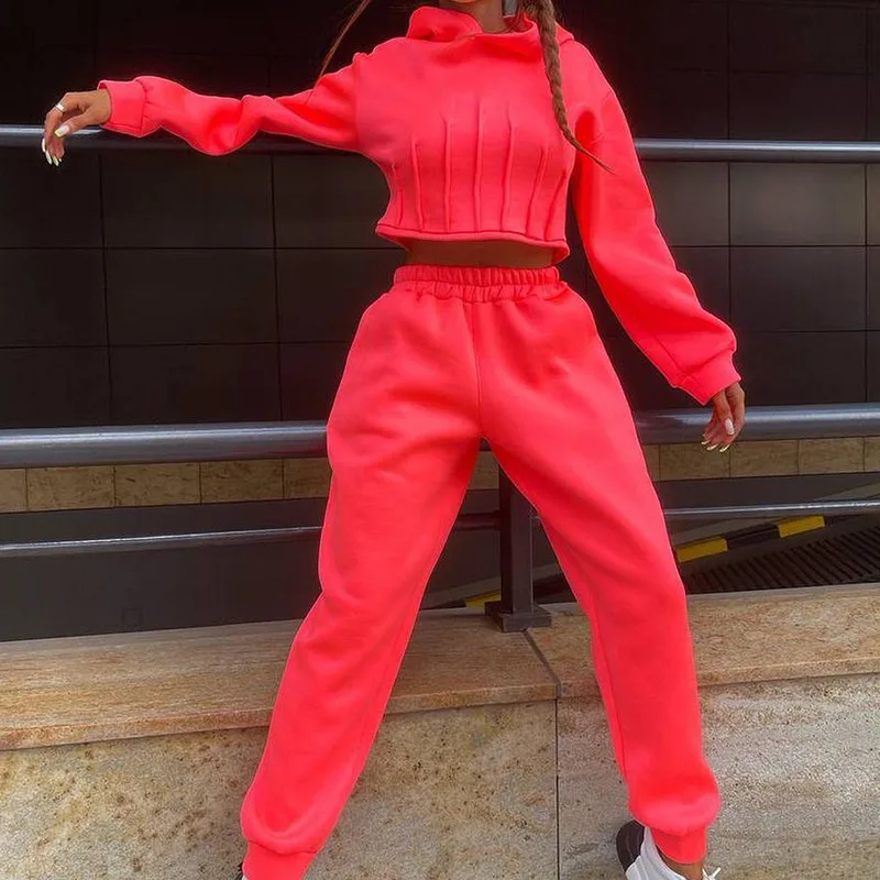 Warm Cropped Bandage Hooded Sweater Suits Women Fashion Chic Hoodies 2023 Autumn Female Streetwear Sports Outfit