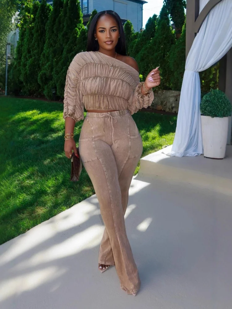 Wmstar Women Two Piece Sets Wholesale Pants Sets Crop Top and Slim Slightly Flared Trousers Matching Suit Drop Shopping 2025