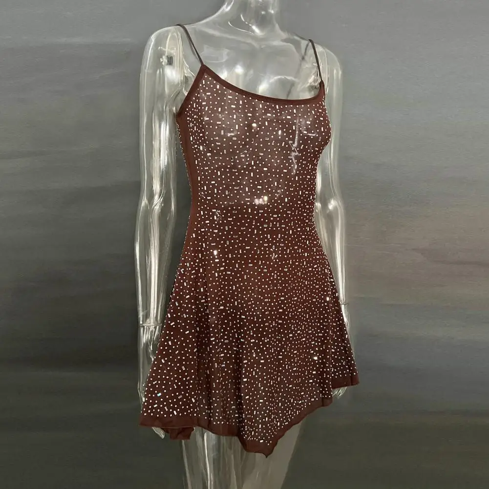 

Rhinestone Embellished Dress Elegant Rhinestone Embellished Mini Dress with Spaghetti Straps Backless Design for Club Parties