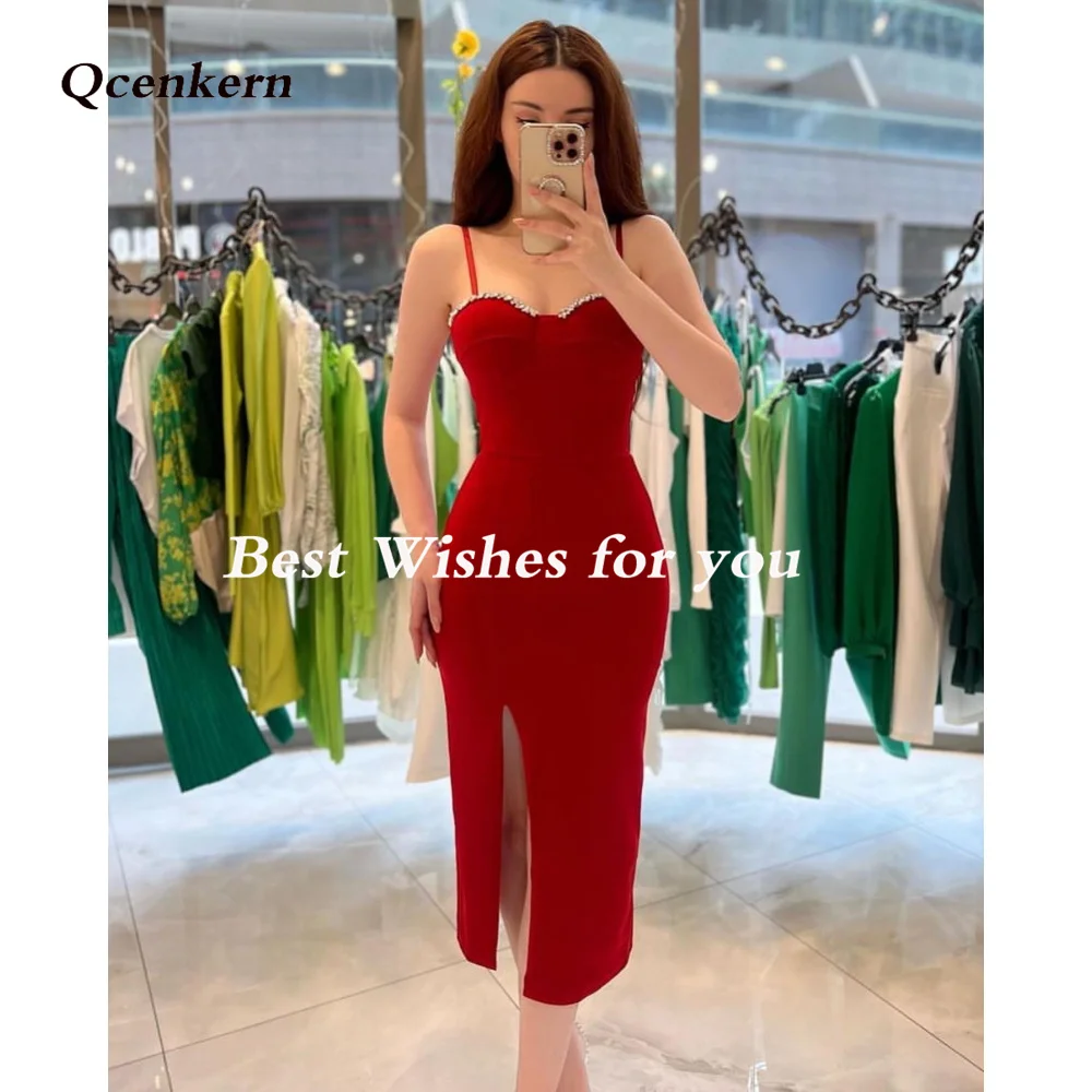 

Qcenkern Spaghetti Strap Knee Length Evening Formal Satin Split Backless Party Dresses Gowns Women Robes de Soirée 2023