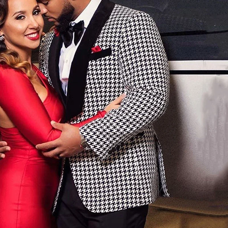 Houndstooth Prom Suits for Men Wedding 2 Pieces Groom Tuxedo Slim Fit African Male Blazer with Black Pants Fashion Costume