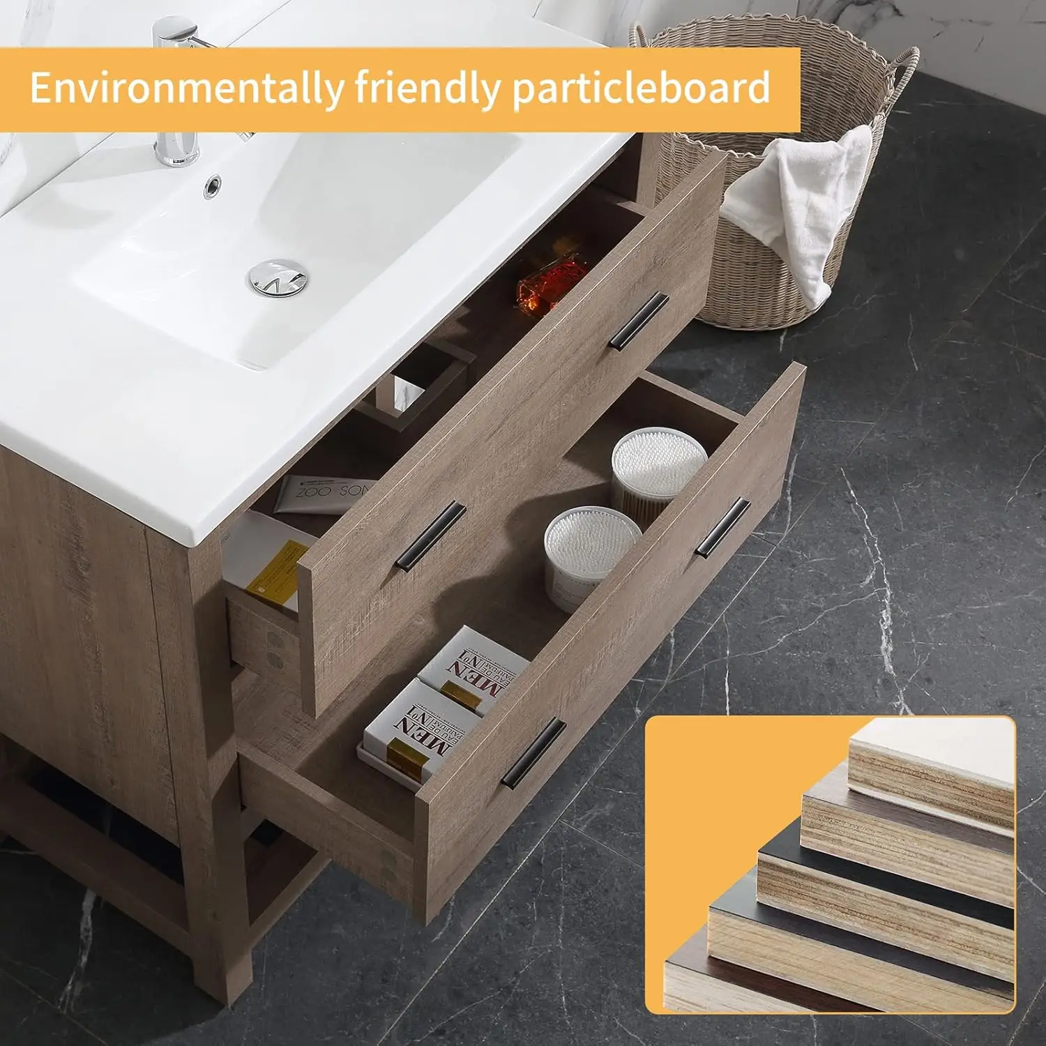 36’’ Bathroom Vanity with Sink Freestanding Cabinet Set Design Resin Basin Undermount Sink 5