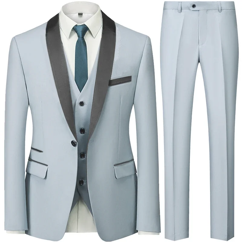 Men Suit Color Block Collar Jacket Trousers Waistcoat Business Casual Wedding 3 Pieces Set mens suit