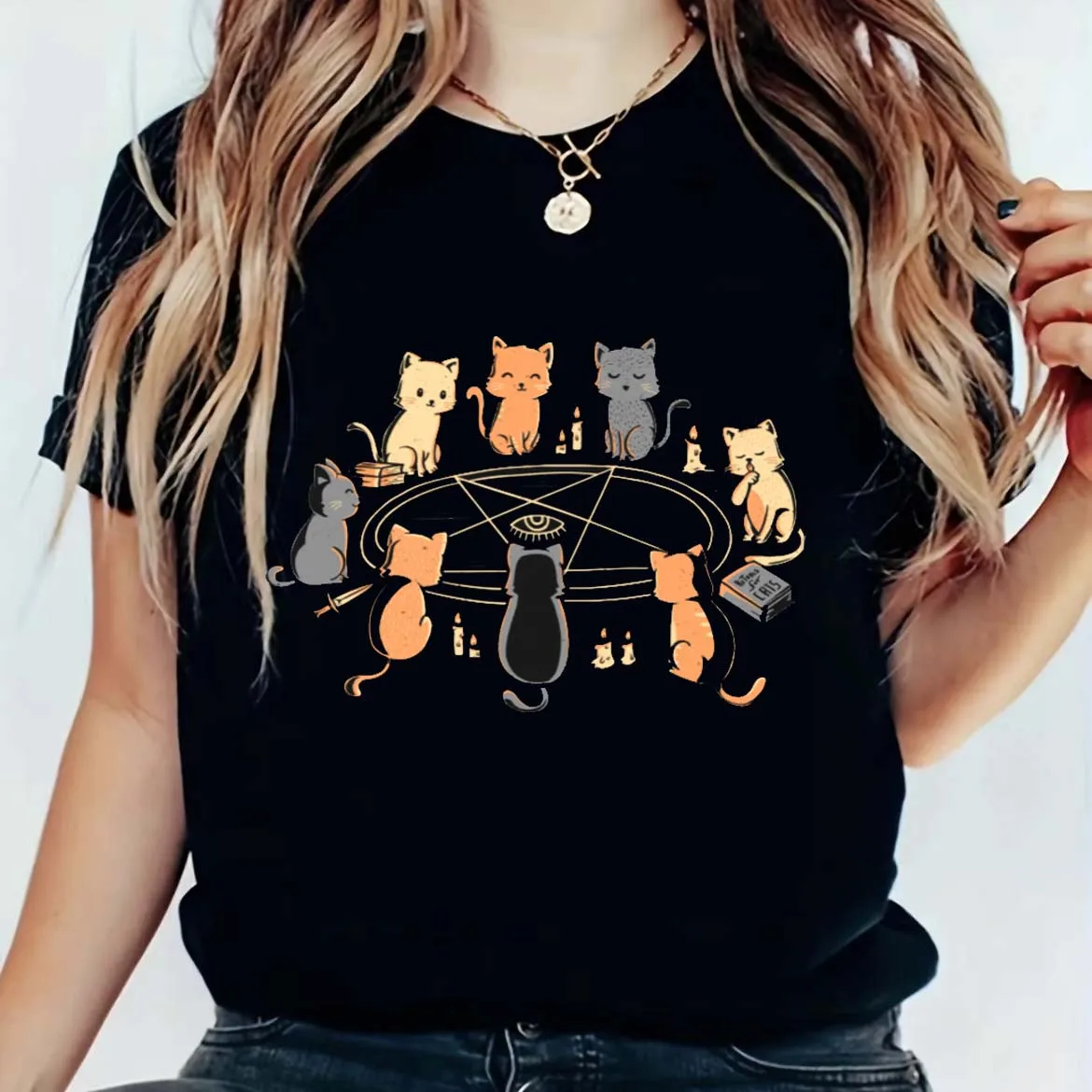 Женский модный Универсальный женский топ с коротким рукавом и принтом, футболка с круглым вырезом, женская летняя Милая футболка с принтом кошки, T-Shir