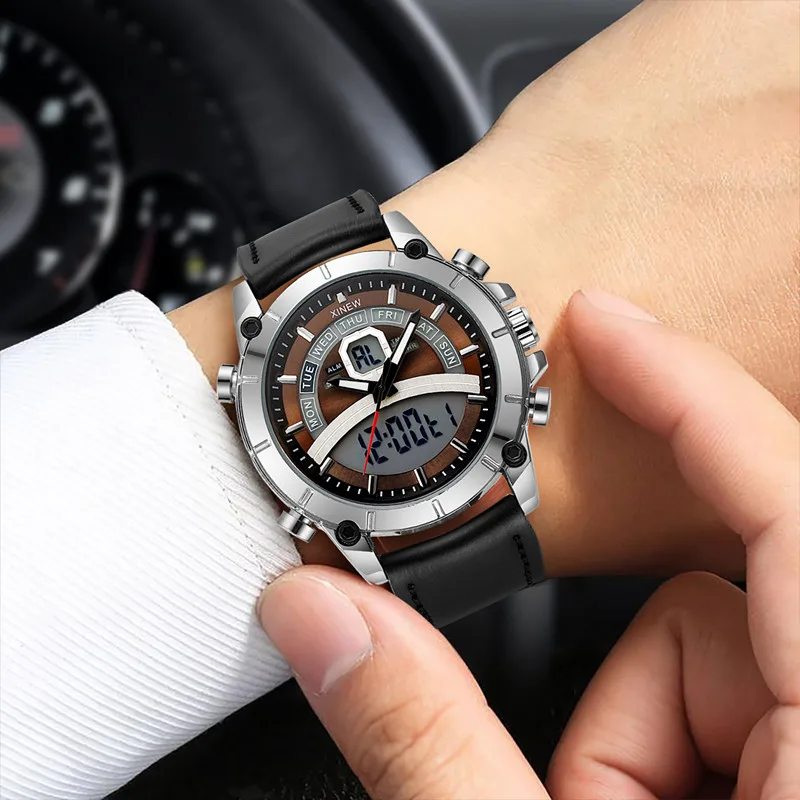 Men Big Brand XINEW Watches Students Fashion Leather Band Sports Multi-function Dual Time Chronograph Watch Relogio Masculino