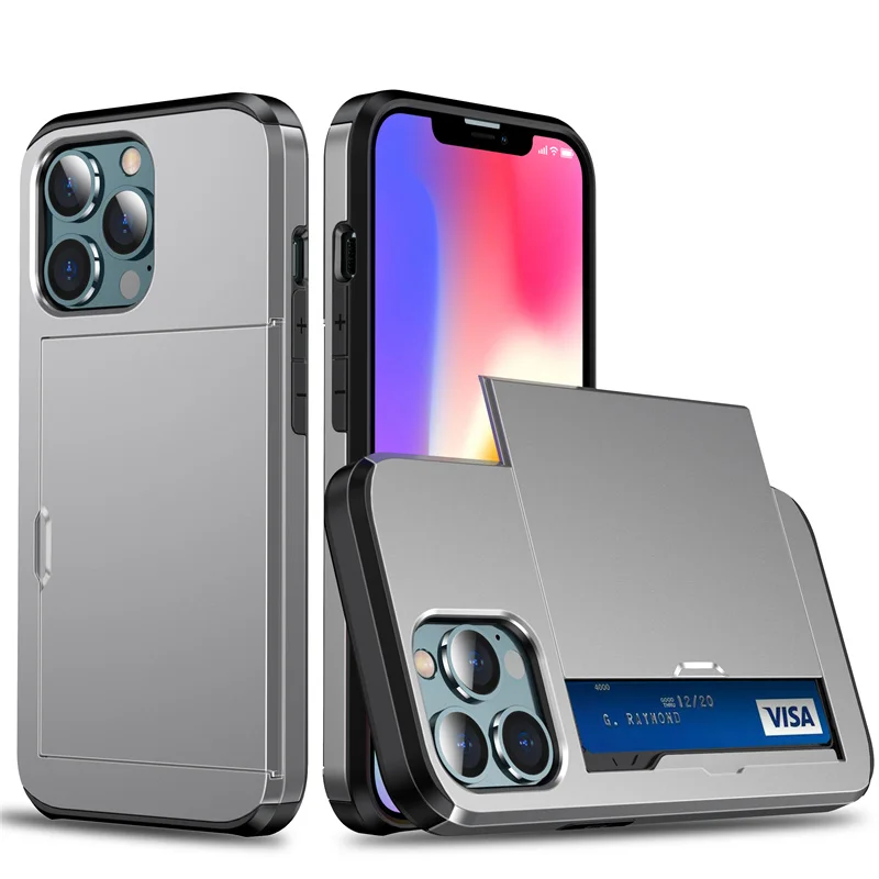 thumbnail image 1 of Slide Wallet Credit Card Slot Phone Case For iPhone 15 14 13 12 11 Pro X XR XS Max 7 8 Plus SE Armor TPU Shockproof Back Cover, 1 of 5