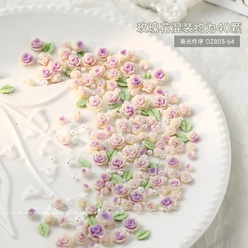 30pcs 3D Mixed Size Pearl Resin Flower Rose Nail Charms Accessories Pink Rose Red Nail Art Luxury Decoratons Supplies Parts DIY 6