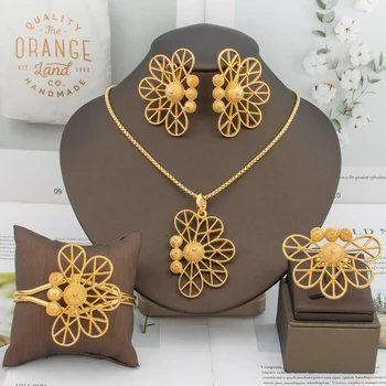 African Women Elegant Gold Color Earrings Pendant Bracelet Ring Design Irregular Hollow 4PCS Jewelry Set Party Jewelry Gift