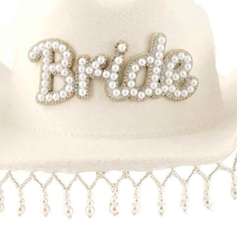 Wedding Cowgirl Hat for Bridal Shower Wide Brims Role Play White Cowboy Hat Fashion Music Festival BrideToBe Fedoras