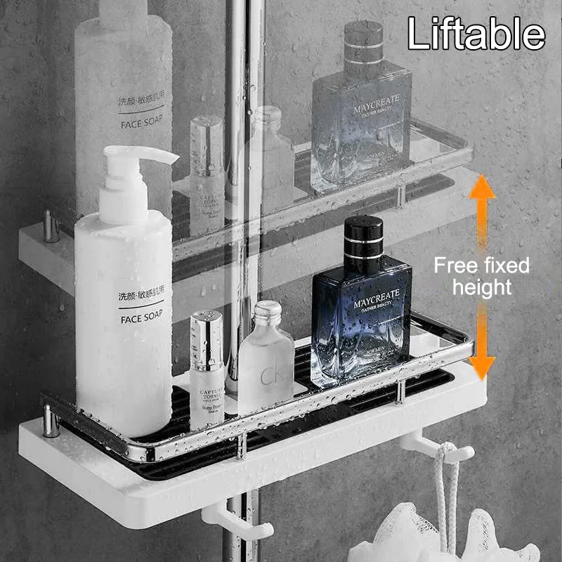 Shower Storage Holder No Drilling with Hook Shampoo Hanging Tray Stand Lifting Rod Bathroom Storage Organizer Accessorie 2