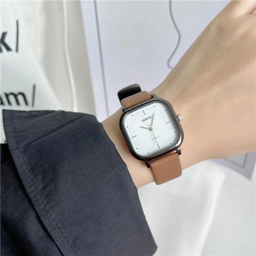 Square quartz student watch, men's and women's fashion watch, simple leather watch, casual watch