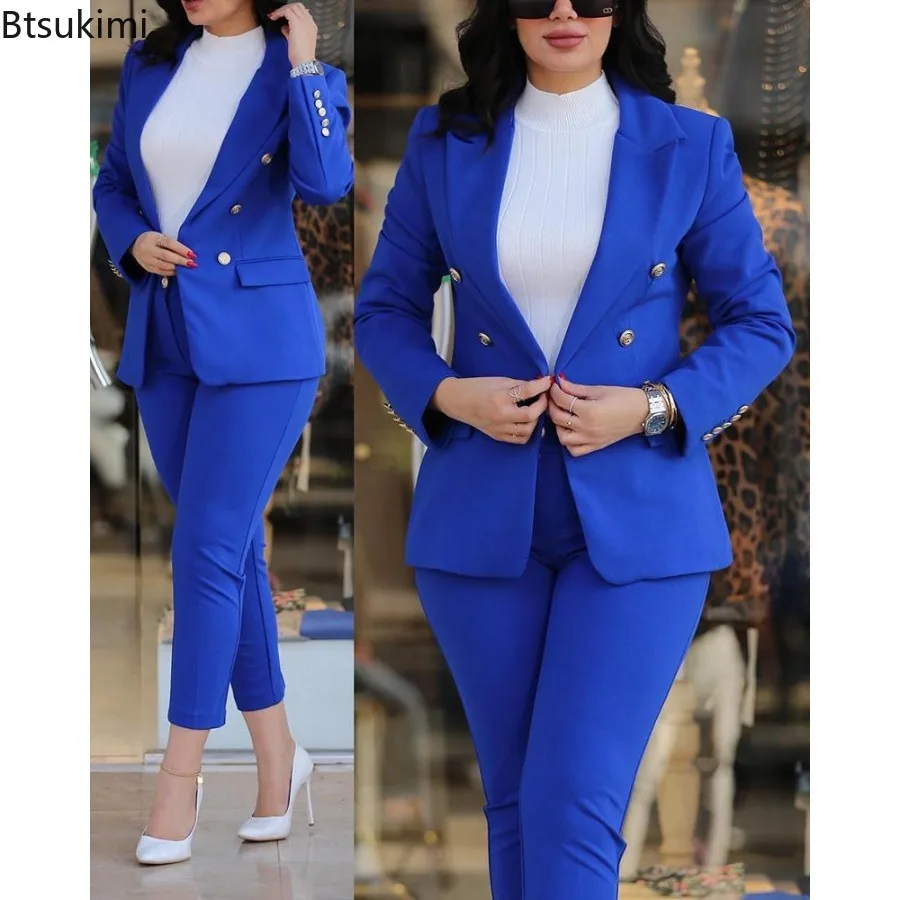 Blue Woman's Formal Pant Sets 2023 New in Casual Business Double Breasted Blazers Jacket Pants Elegant Ladies Two Pieces Set