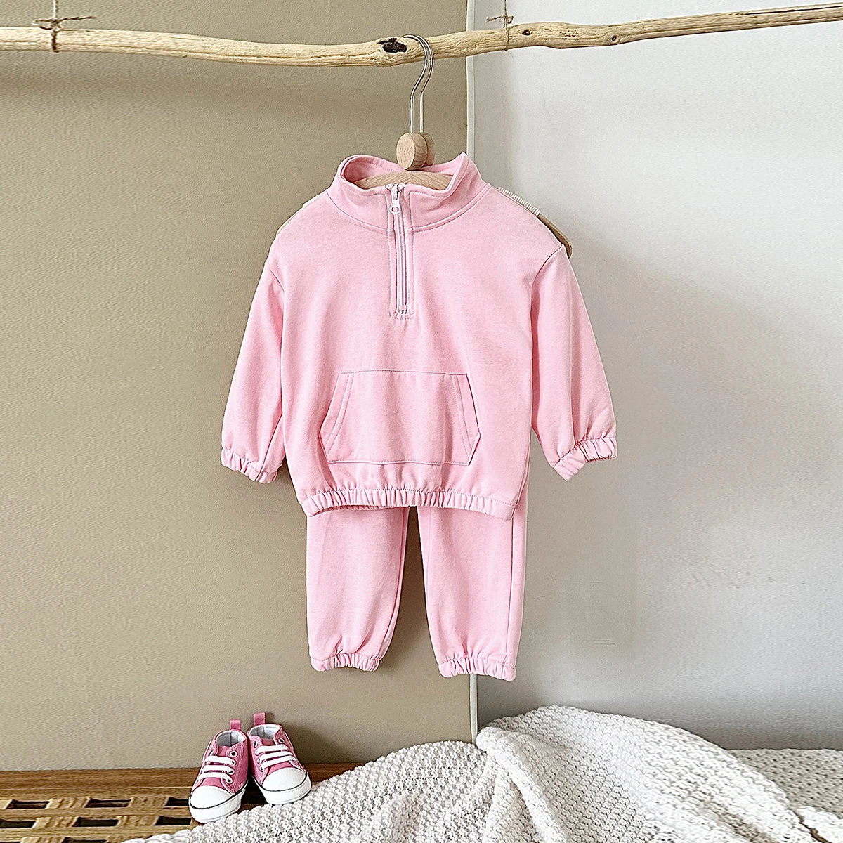 New Spring Autumn Newborn Boys Girls Fashion Clothing Children Sportswear Half open sweater Pocket Pants Two-piece Set