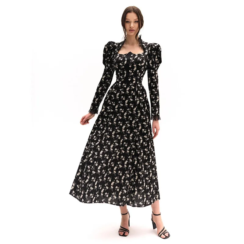 Vintage Floral Square Collar Long Dresses Women Elegant Puff Sleeve Lace Patchwork Maxi Dress Female Spring Chic Street Evening