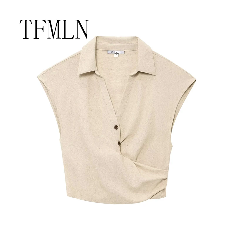 TFMLN Women's New Fashion Asymmetrical Tops Pleated T-shirt Top Retro Sleeveless Women's T-shirt Chic Top