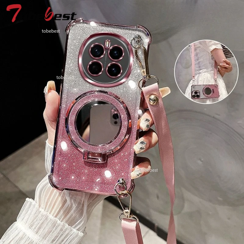 Crossbody Lanyard Shockproof Plating Case with Makeup Mirror Holder