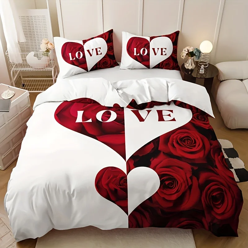 Love Rose Letter Print Duvet Cover Set - Romantic Red & White Design with 1 Duvet Cover + 2 Pillowcases, High-Definition Print