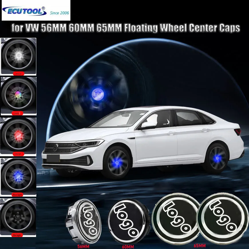 

ECUTOOL for Volkswagen LED Floating Chrome Wheel Center Caps 56MM 60MM 65MM with VW Emblem Logo Hub Lamp Blue Multi Colors Light