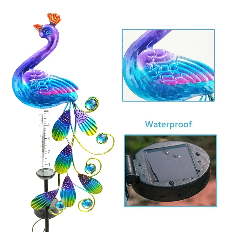 Rain Gauge for Yard Patio Lawn Anti Deform Stable Peacock Garden Stake with Solar Lamp 33.8in Rustproof Garden Ornament