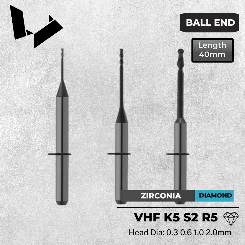 U030-R2-40 Z060-R2D-40 Z100-R2D-40 Z200-R2D-40 Double Tooth Radius Cutter 40mm Diamond Coated Zirconia Milling Burs for VHF K5