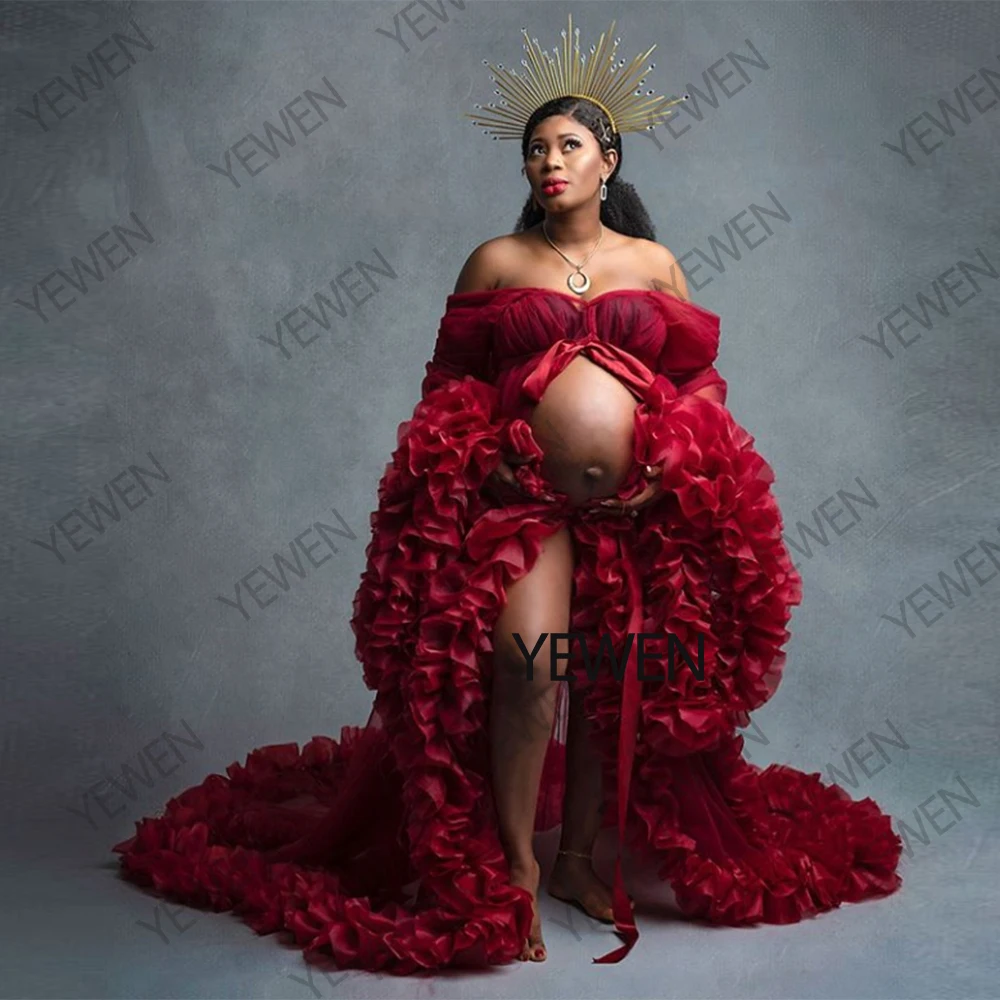 Red Maxi Handmade Boho Maternity Dress for Photo Shoot V Neck Ruched  Organza Long Sleeves Custom Pregnancy Shooting Dress YEWEN - AliExpress