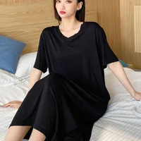 150kg Extra Large Size Summer Loose Home Dress with Pocket Thin V-neck Short Sleeved Pajamas Solid Long Loungewear Plus Size 3XL - Image 2
