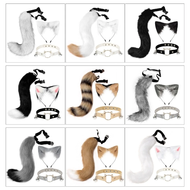 

Animal Ears Headband PlushCat Ears Hairband Tail Choker Set Cosplay