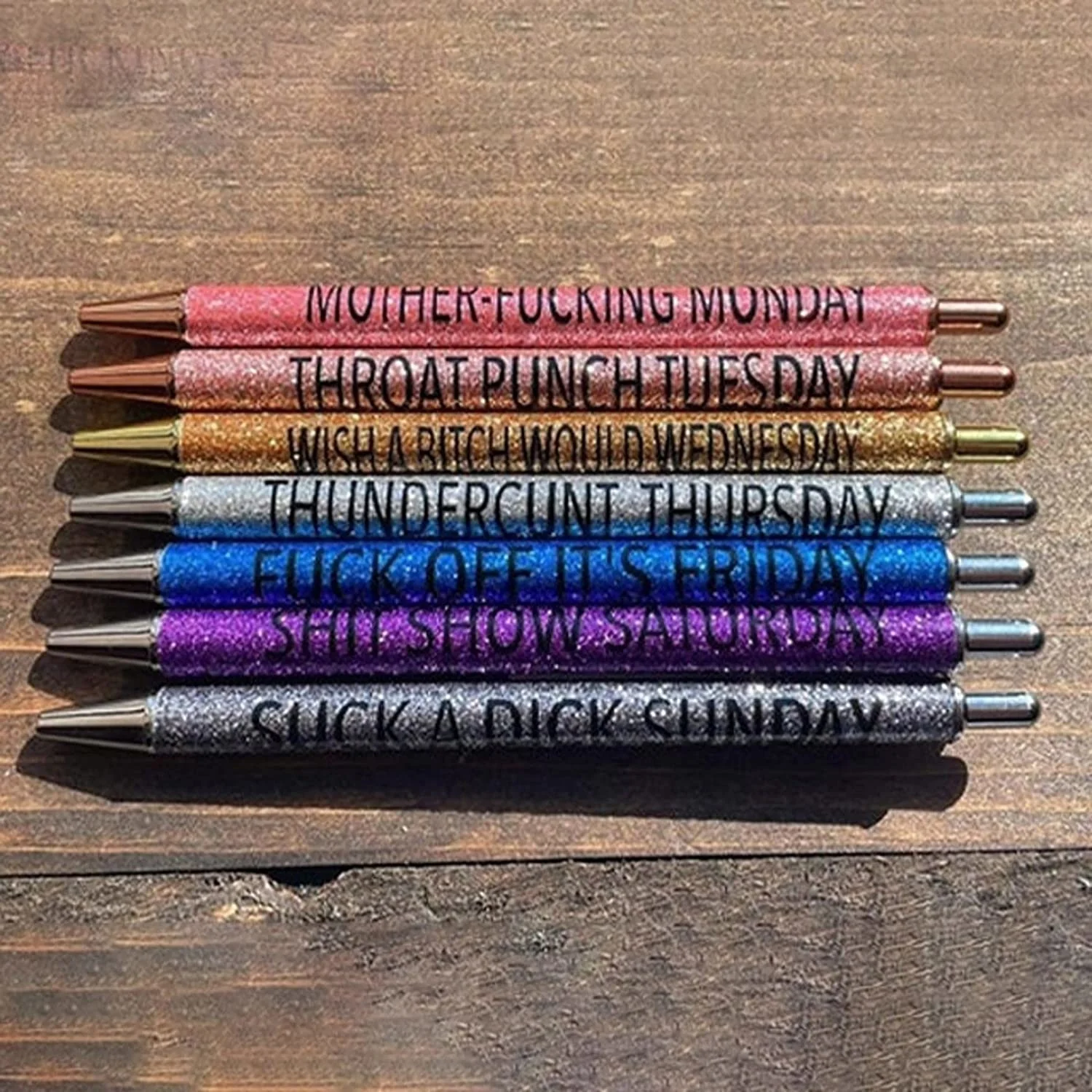 7PCS Funny Pens: Swear Word Daily Pen Set | Weekday Vibes Glitter Pen Set |  Days of the Week Pens | Dirty Cuss Word Pens for Each Day of the Week 