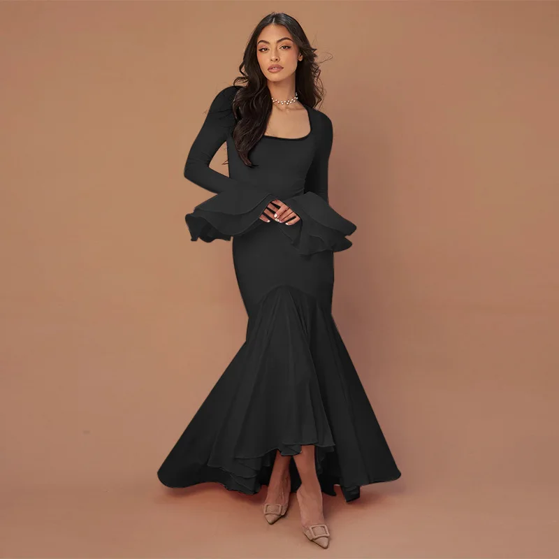 Vestido largo de fiesta con cuello cuadrado y volantes para mujer, ajustado, transparente, de cintura alta