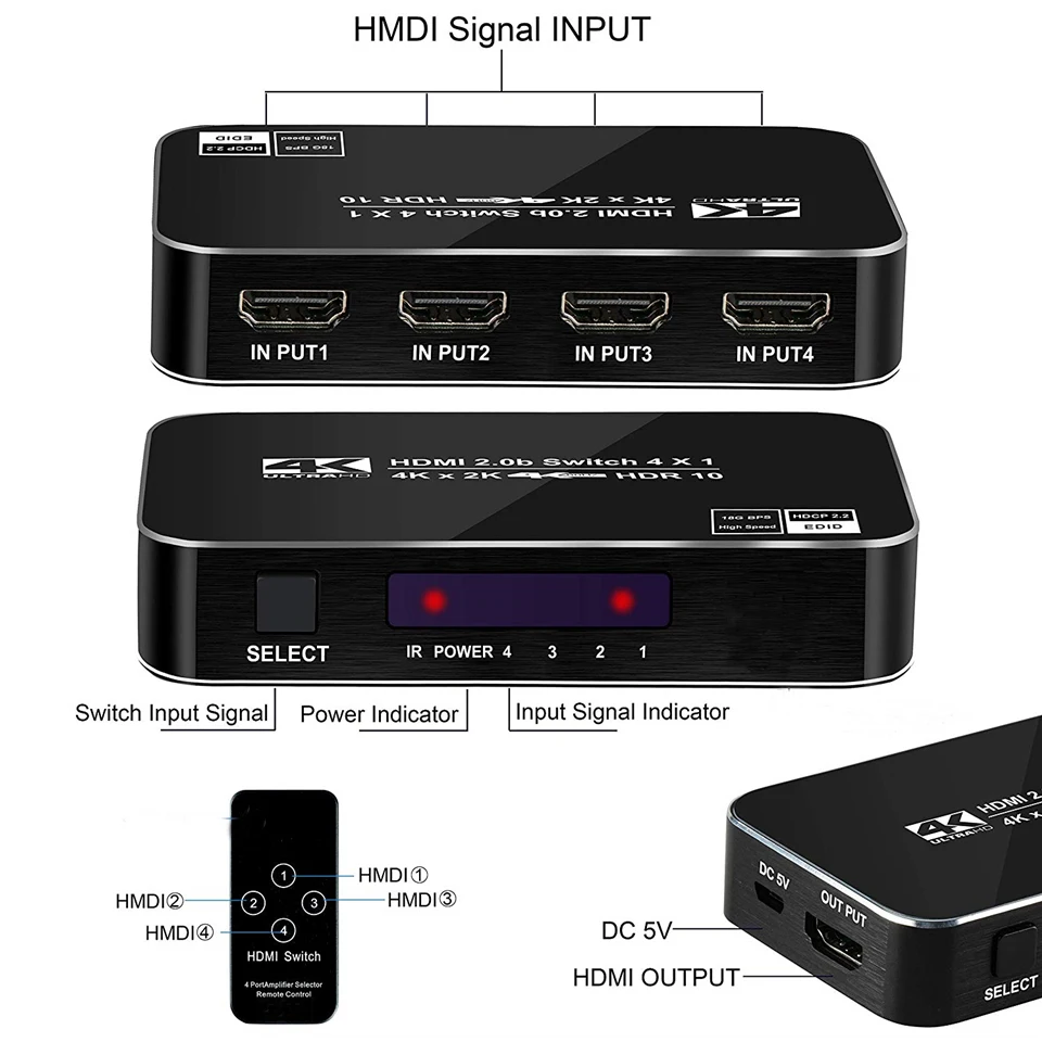 4K HDTV Splitter 4 In 1 Out 4 Port HD Switcher Selector HD Cable Supports Full H