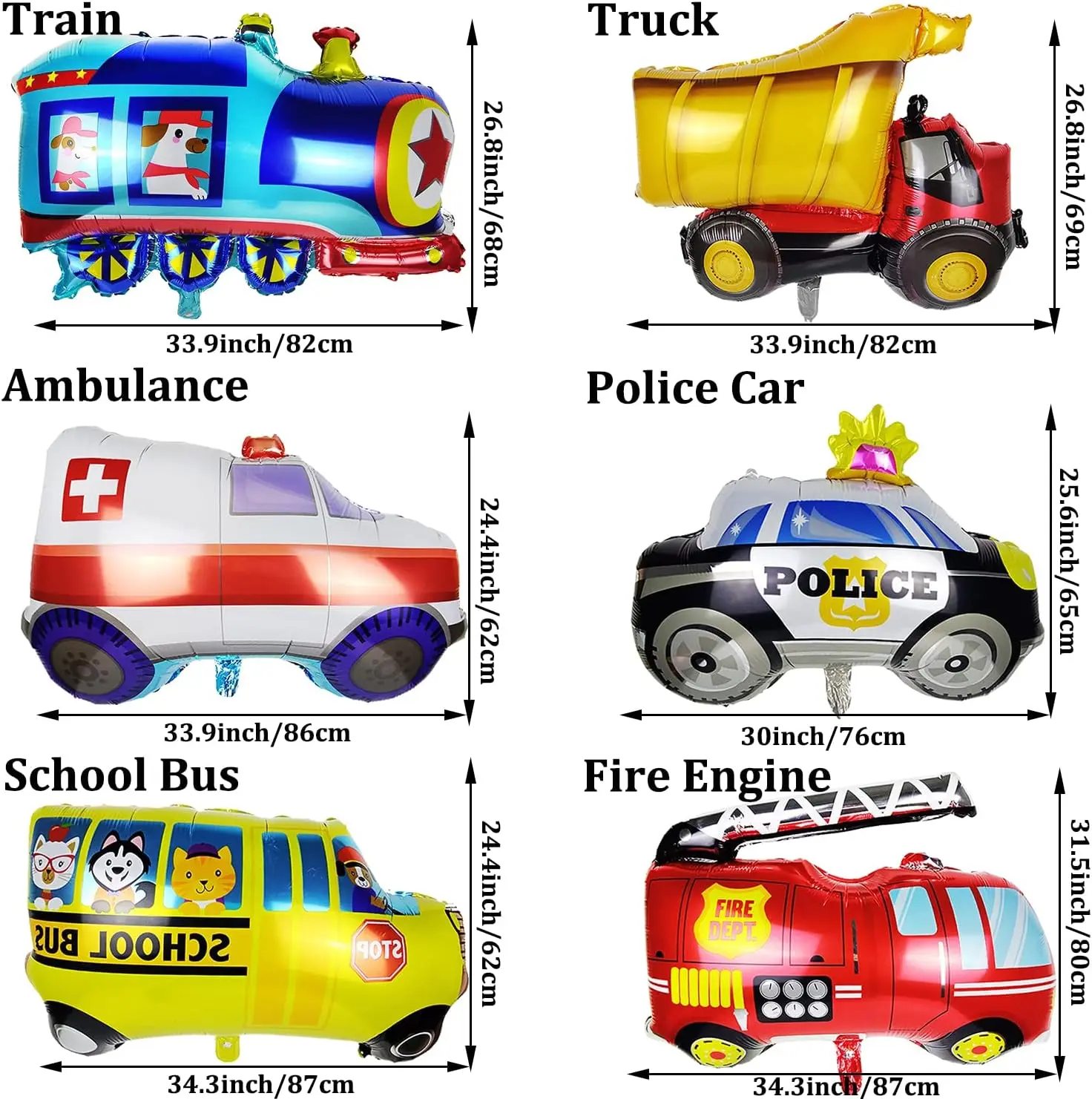 6pcs Car Balloons Big Construction Truck Fire Truck Train Ambulance School Bus Foil Balloons Vehicles Balloons For Kids Gifts 2