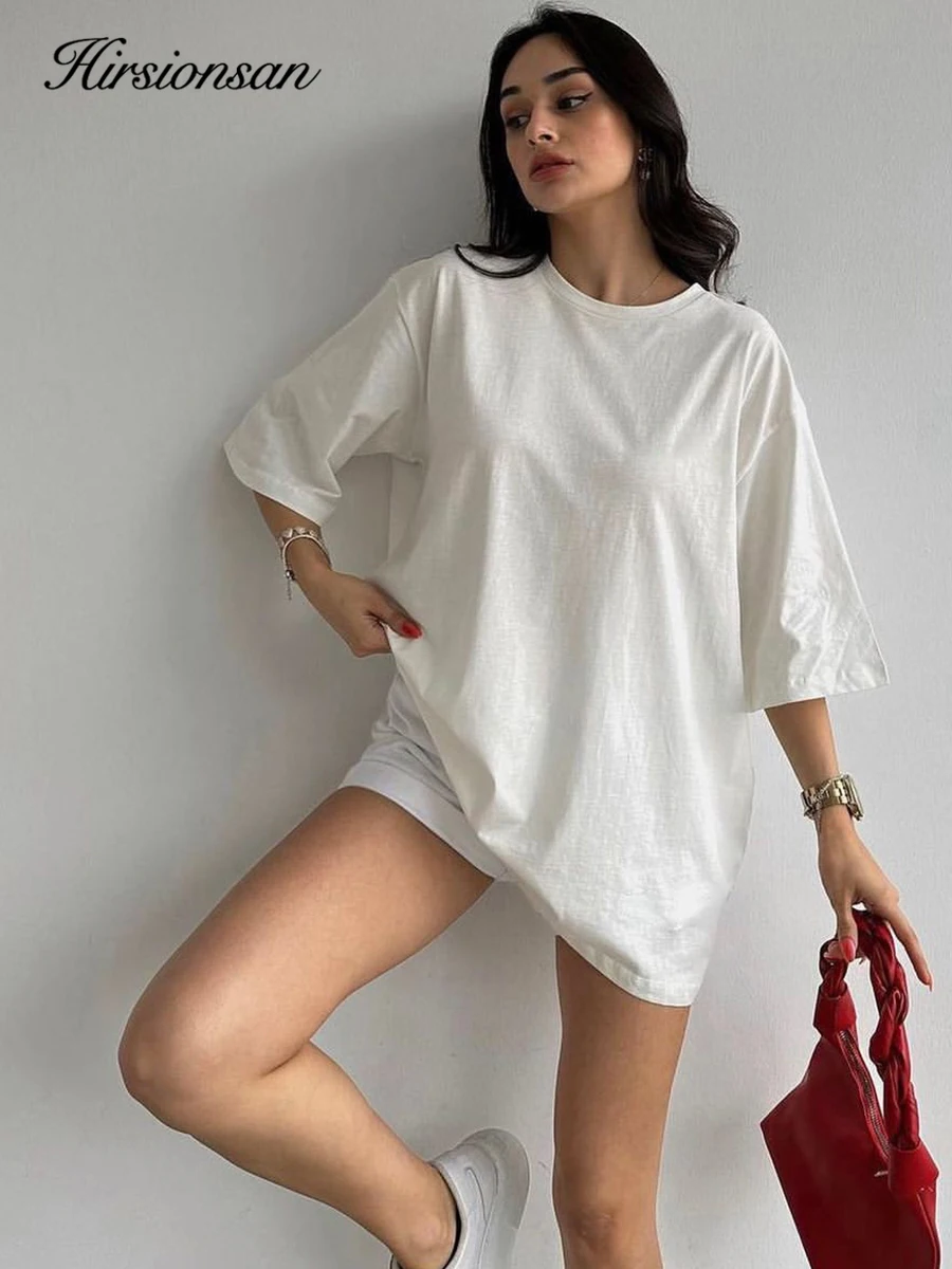 

Футболка Hirsionsan женская оверсайз из 100% хлопка, повседневный базовый Свободный Топ с круглым вырезом, однотонная шикарная рубашка, лето 2024