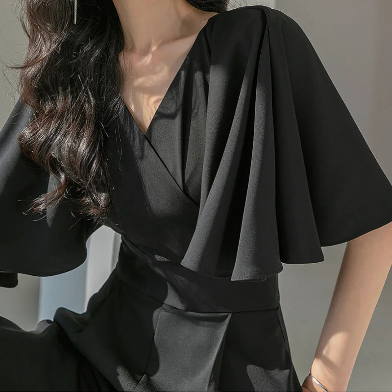 Flying Short-sleeve Jumpsuits Women Loose S-4XL V-neck Black Wide Leg Simple Elegant Office Ladies New Arrivals Summer Fashion