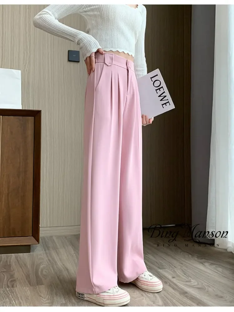 Women's 2023 Korean Classic Wide Office Pants High Waist White Straight Stacked Pants with Pockets Double Button Women's Pants