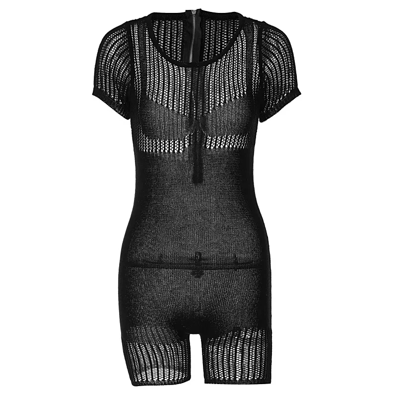 Solid Knitted Short Sleeve Zip Up Sexy Bodycon Skinny One Piece Playsuit 2023 Summer Fashion Streetwear Sport Romper
