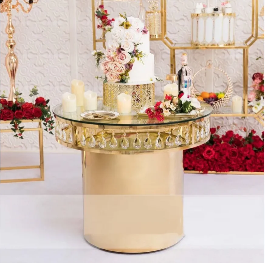 

Crystal stainless steel shiny gold circular wedding cake table, banquet performance party decoration table