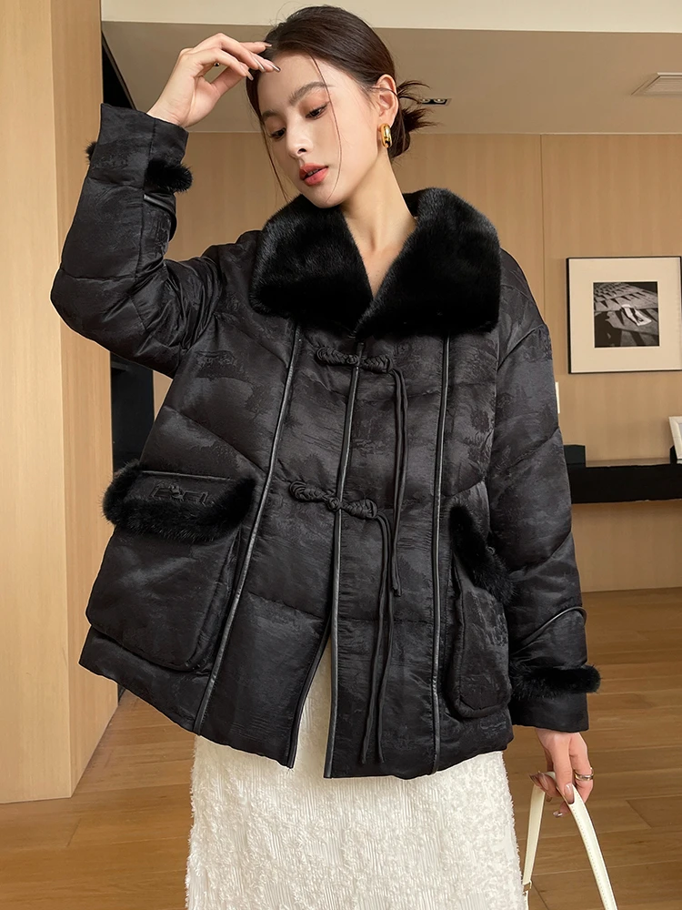 

High-end Natural Mink Fur Collar Down Coats for Women 2024 New Trend Vintage Simple Warm Fluffy Winter White Goose Down Jacket