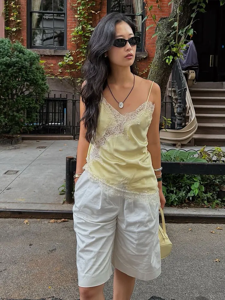 HH Women Fashion Asymmetric Lace Tops Sexy V Neck Short Camisole Tank Top Summer Lady Holiday Underwear Style Camis