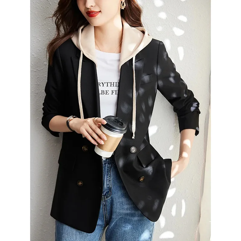 Women Chic Office Lady Single breasted Hooded Blazer Vintage Coat Fashion Notched Collar Long Sleeve Ladies Outerwear Stylish To