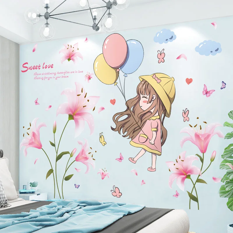 

[shijuekongjian] Cartoon Girl Wall Stickers DIY Flowers Plants Mural Decals for Kids Rooms Baby Bedroom Nursery Home Decoration