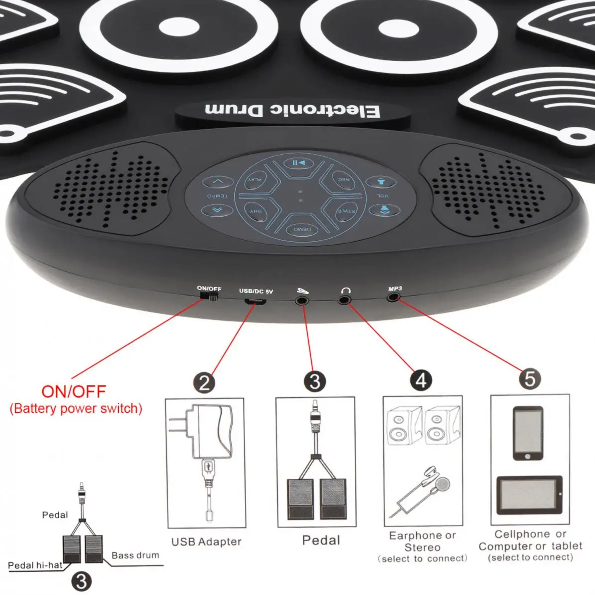 Electronic Drums 9 Pads Electronic Roll up Drum Thicken Silicone Double Speakers Stereo Electric Drum Kit