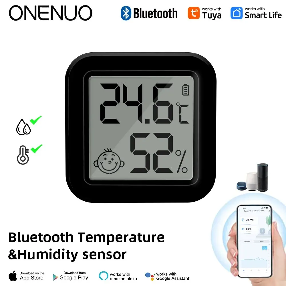 ONENUO Tuya Bluetooth Temperature Humidity Sensor Mini LCD Digital Display With APP Remote Control Thermometer Hygrometer Black smart temperature humidity sensor
